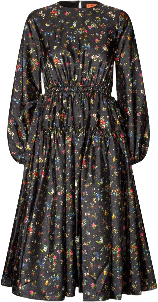 2067 Flat Textured Poly, Waist Tie Ruffle Midi Dress